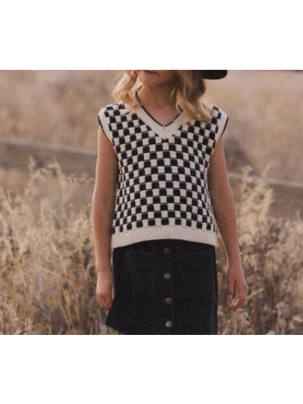 Rylee + Cru Girls White Black Check Sweater Vest  Size 2-3 Years